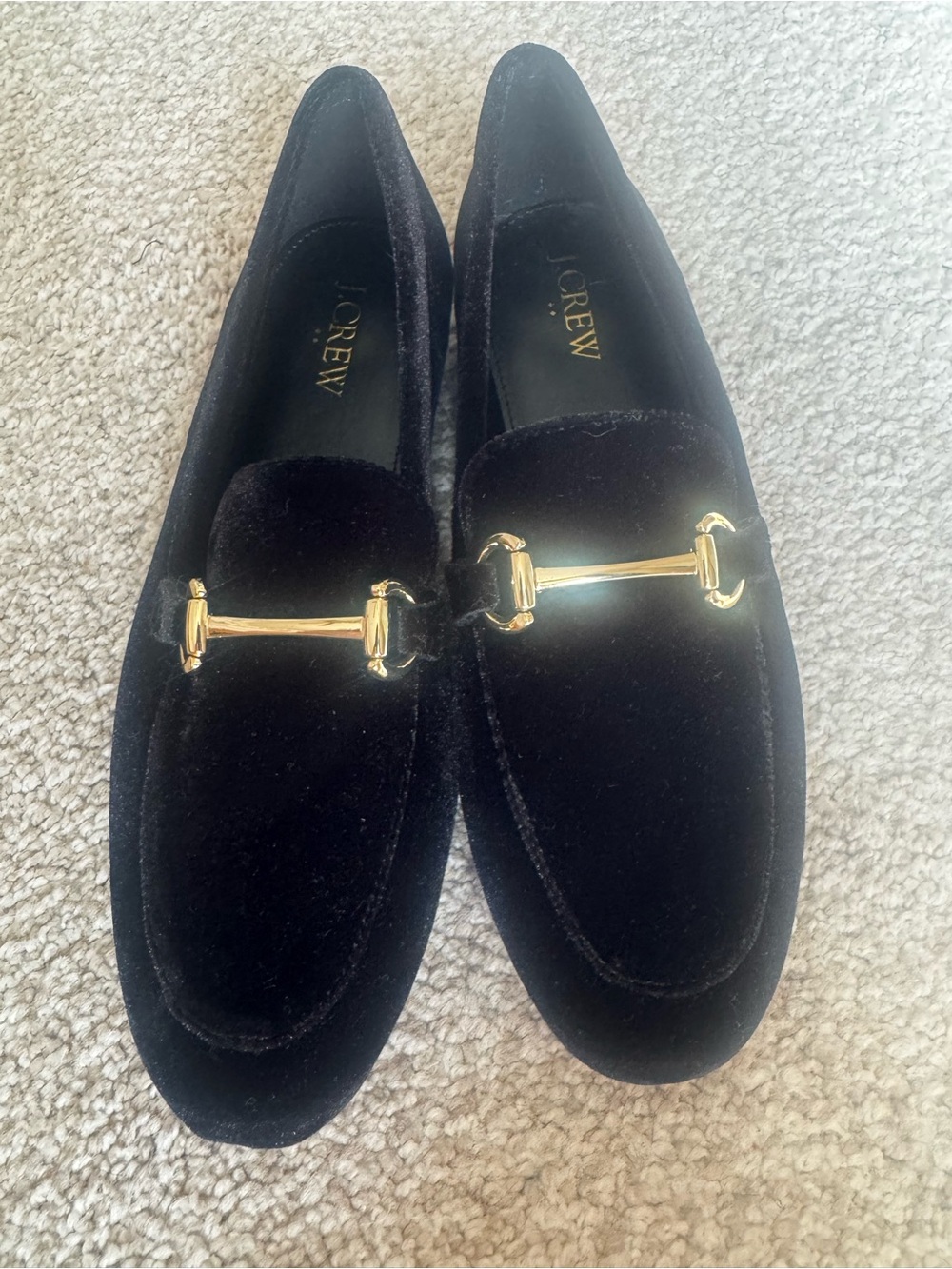 J. Crew women Black Velvet Loafers with Gold Bit new sz 7